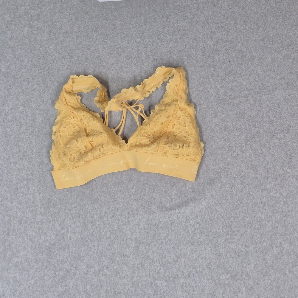 Victoria's Secret PINK Women Bra Small‎ Yellow Bralette Wireless Lace Strappy